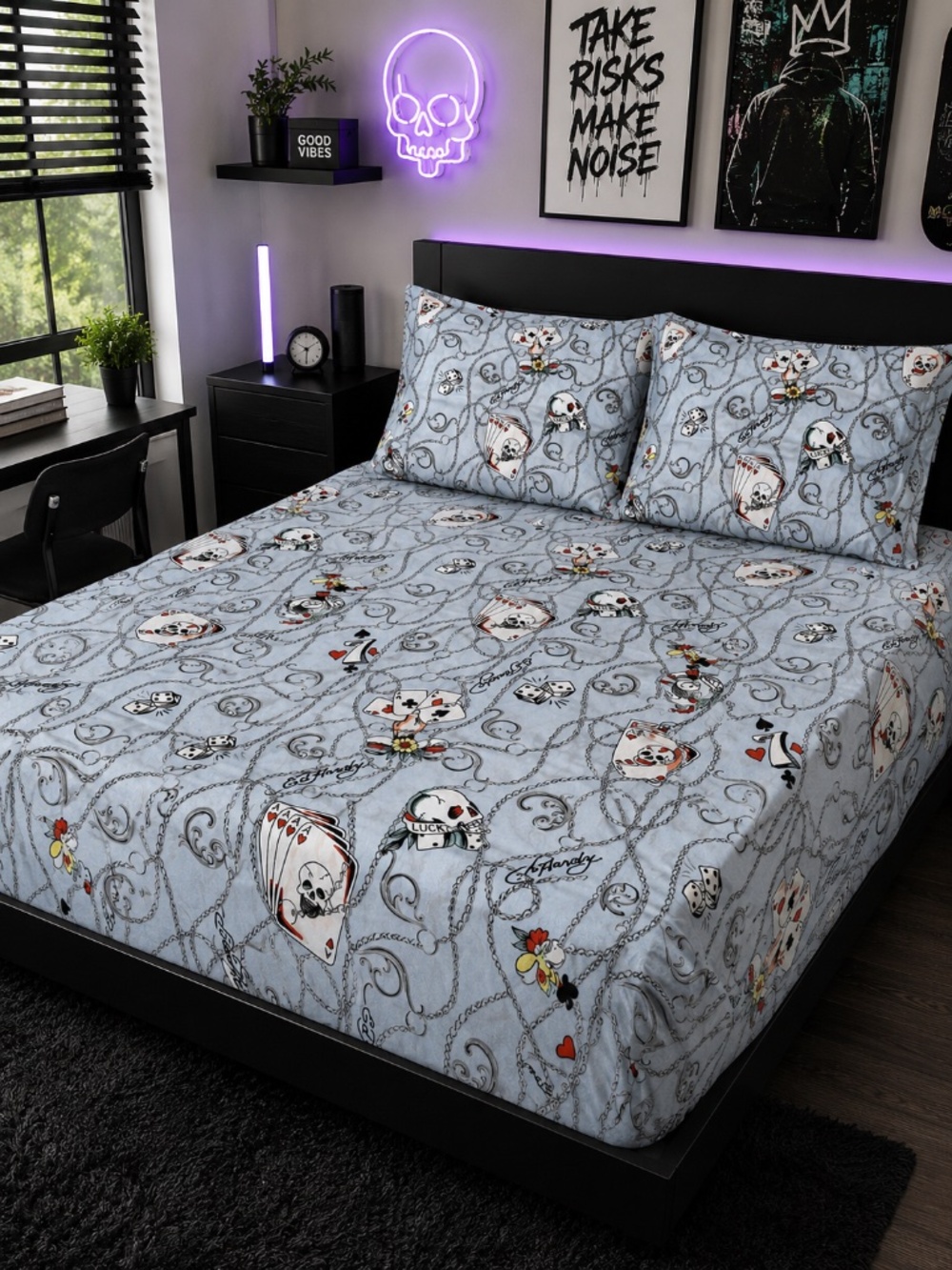 Ed Hardy Queen Sheet Set Skull Poker Cards Dice Blue 6pc Bedding NWT